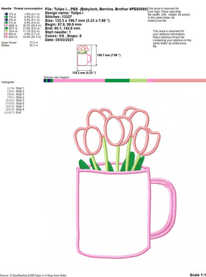 Tulips in a Mug Vase - Applique - Machine Embroidery Design