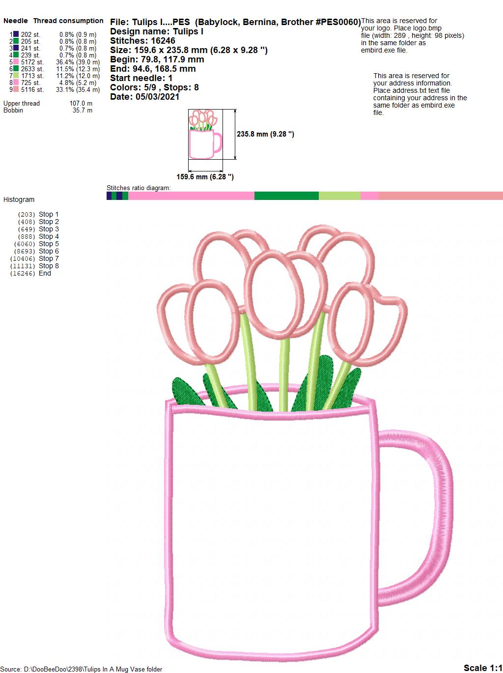Tulips in a Mug Vase - Applique - Machine Embroidery Design