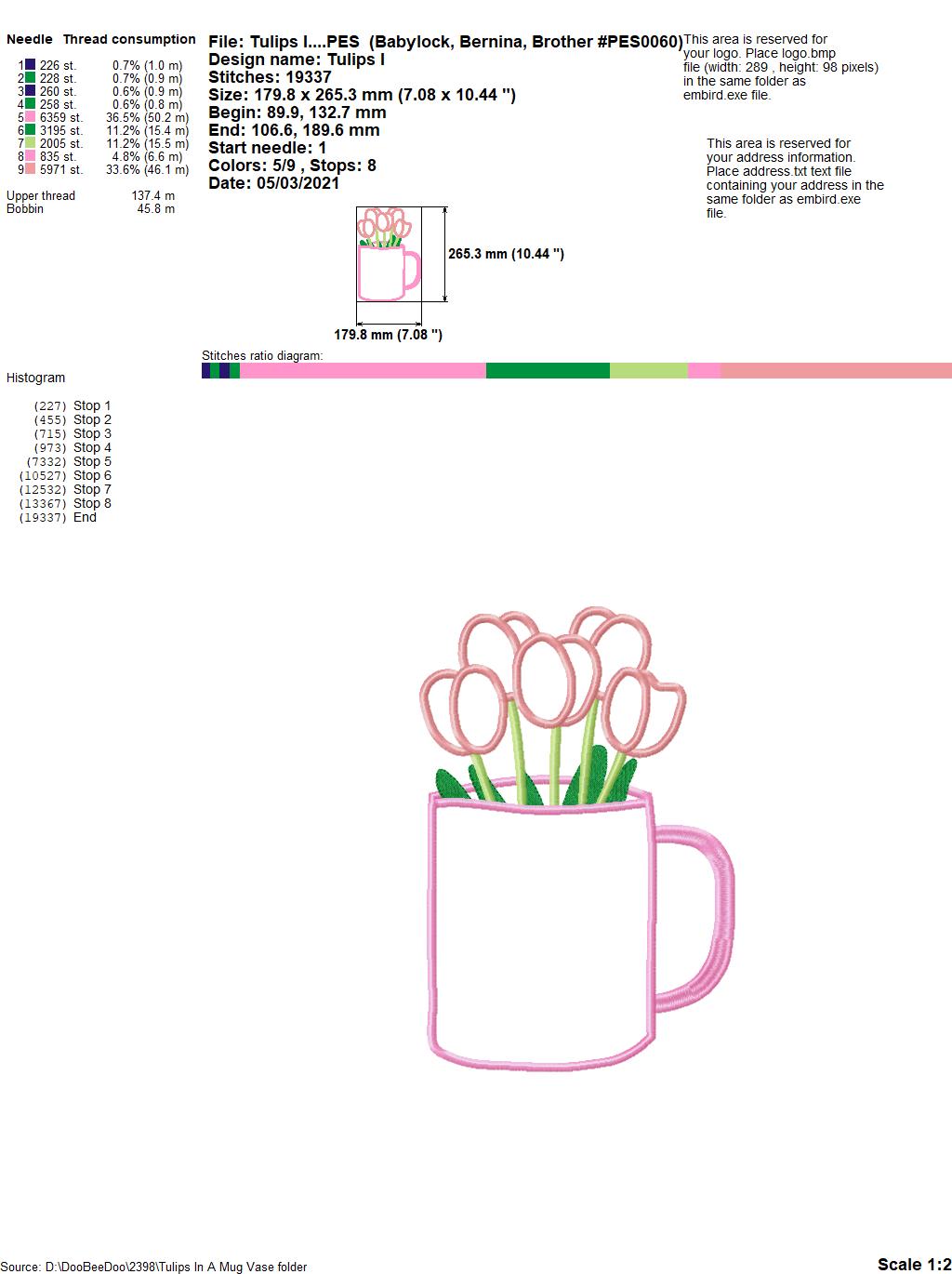 Tulips in a Mug Vase - Applique - Machine Embroidery Design