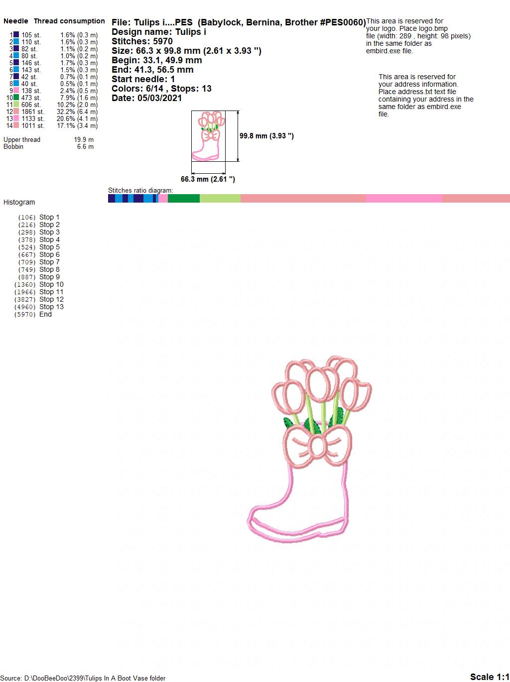 Tulips in a Boot Vase - Applique - Machine Embroidery Design