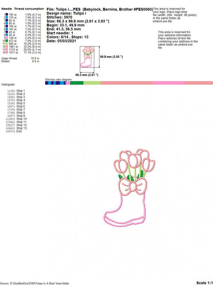 Tulips in a Boot Vase - Applique - Machine Embroidery Design