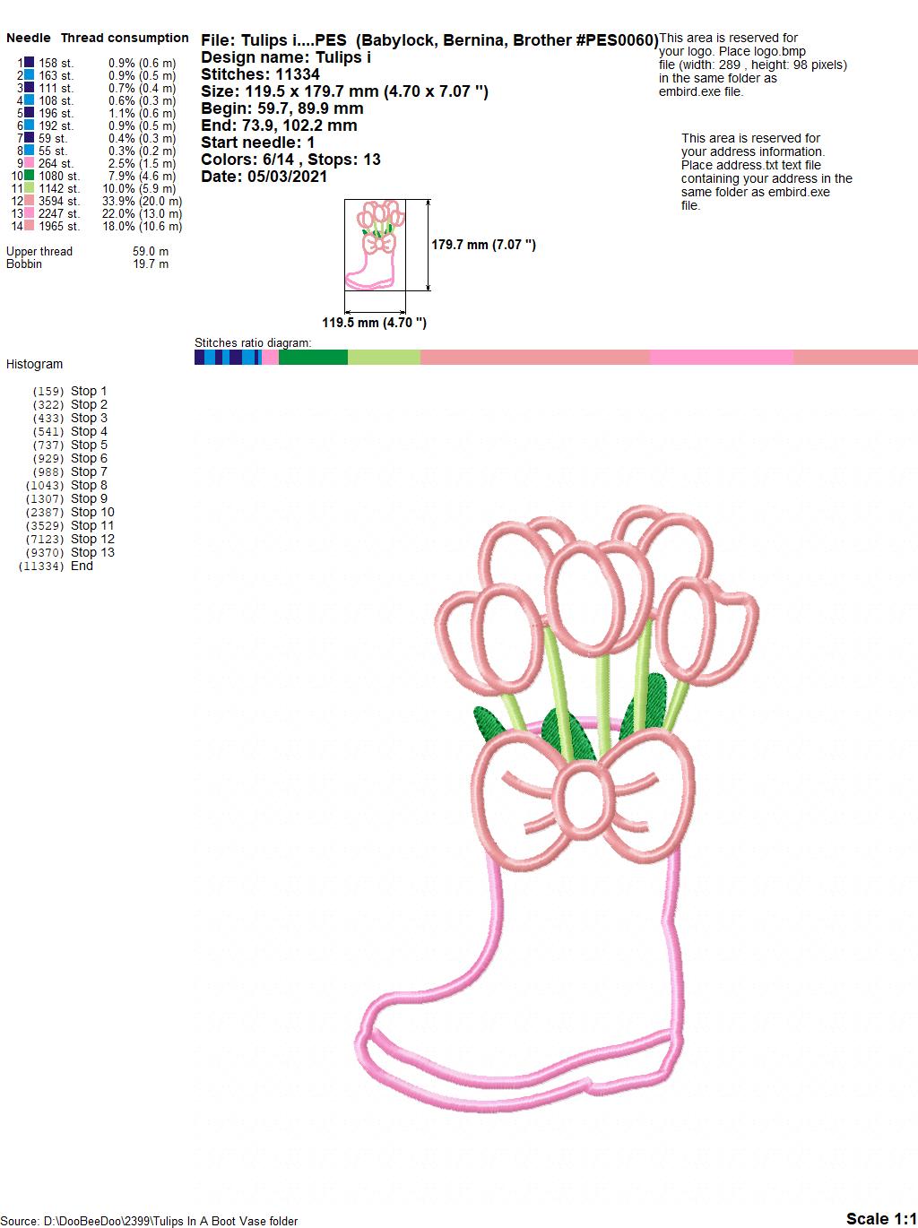 Tulips in a Boot Vase - Applique - Machine Embroidery Design