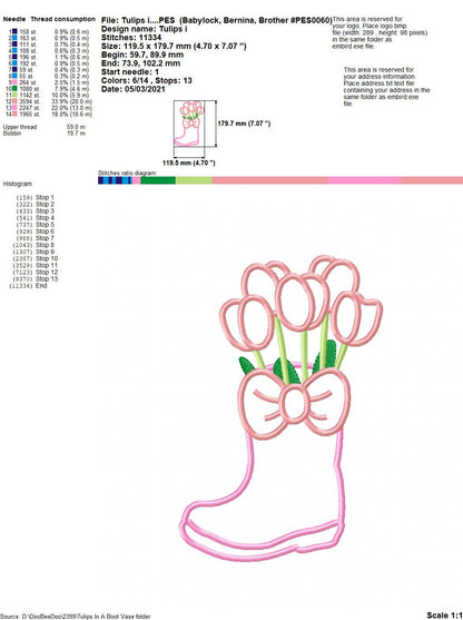 Tulips in a Boot Vase - Applique - Machine Embroidery Design