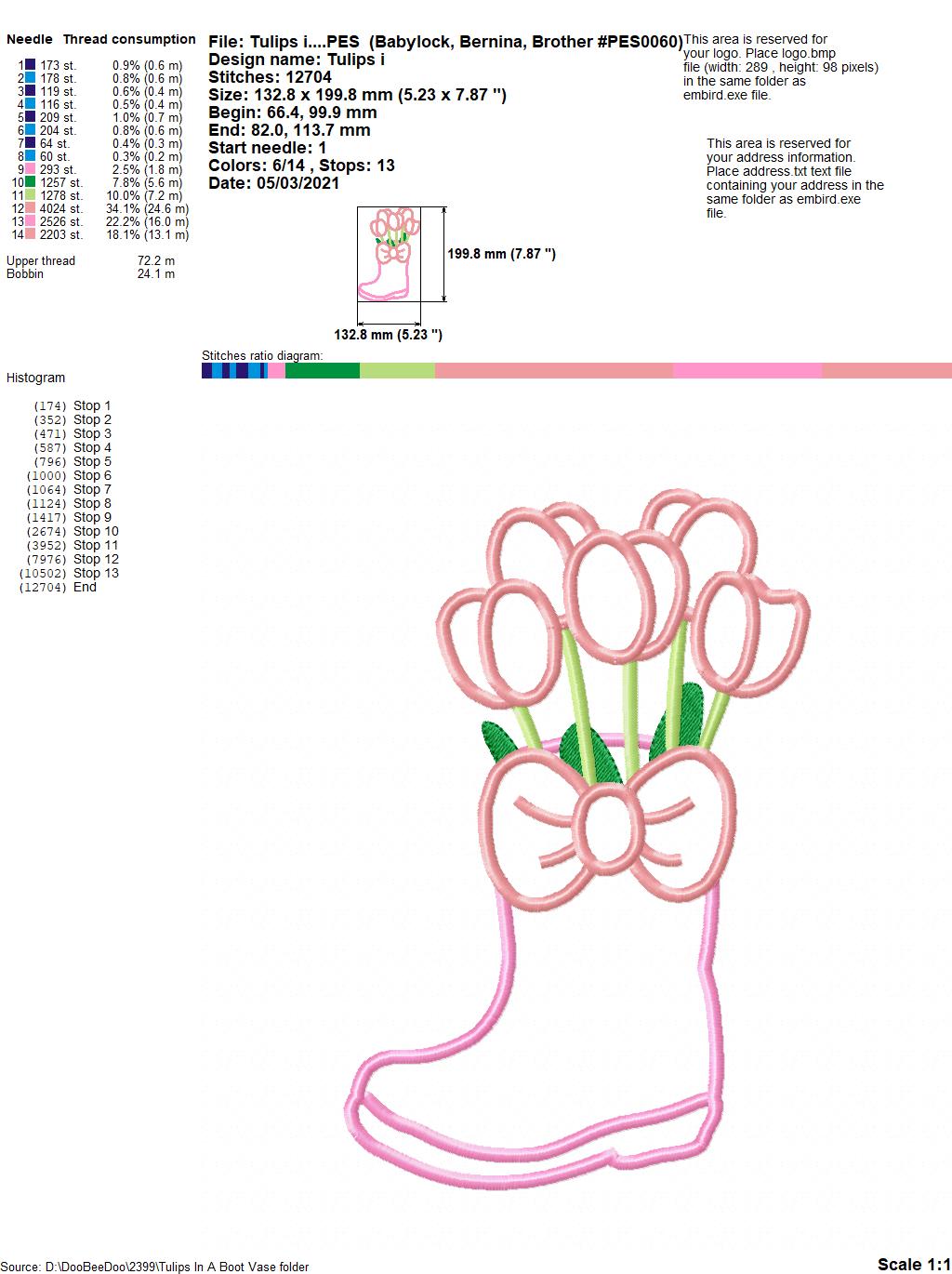 Tulips in a Boot Vase - Applique - Machine Embroidery Design