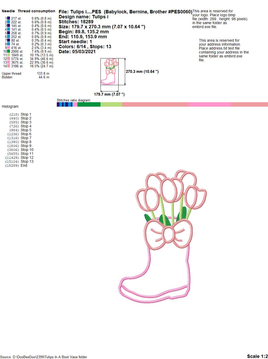 Tulips in a Boot Vase - Applique - Machine Embroidery Design