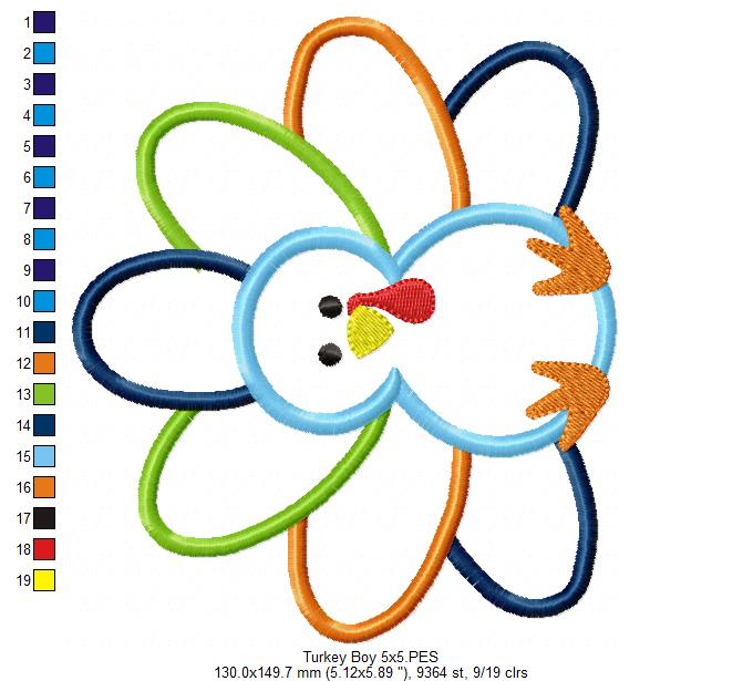 Thanksgiving Turkey Boy - Applique - Machine Embroidery Design