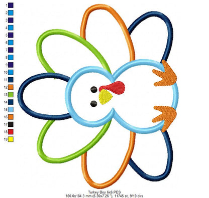 Thanksgiving Turkey Boy - Applique - Machine Embroidery Design