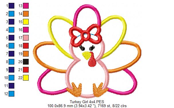 Thanksgiving Turkey Girl - Applique - Machine Embroidery Design