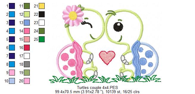Cute Turtle Love Couple – Appliqué – Machine Embroidery Design