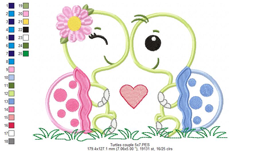 Cute Turtle Love Couple – Appliqué – Machine Embroidery Design