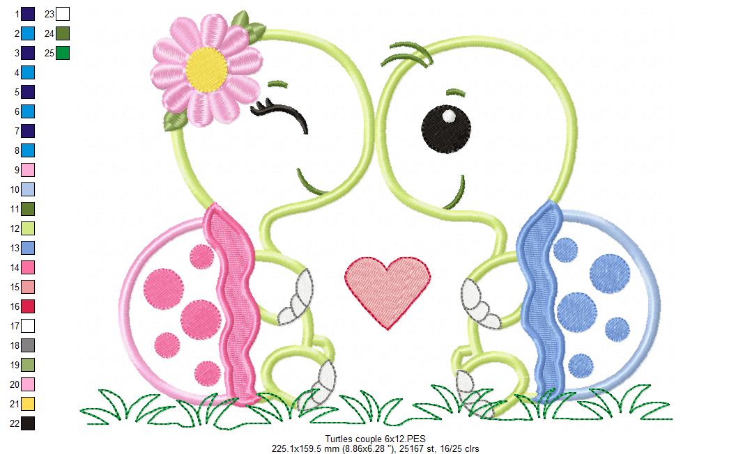 Cute Turtle Love Couple – Appliqué – Machine Embroidery Design