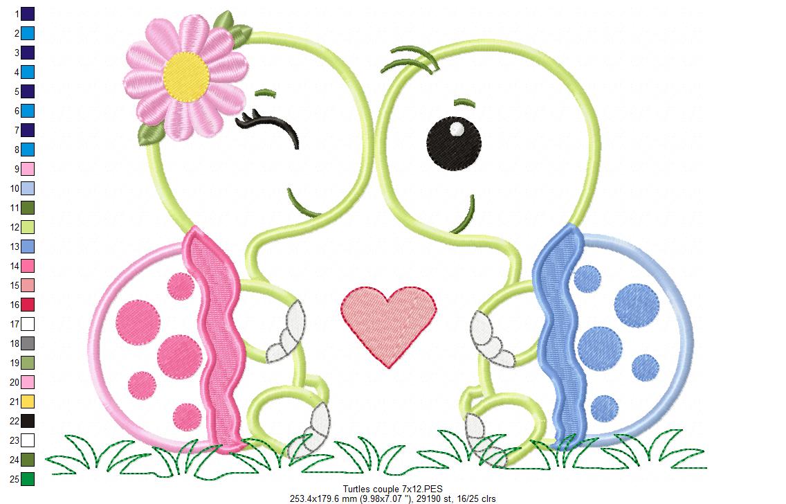 Cute Turtle Love Couple – Appliqué – Machine Embroidery Design