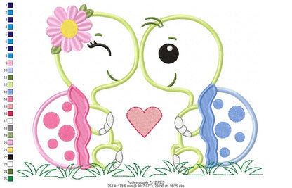 Cute Turtle Love Couple – Appliqué – Machine Embroidery Design