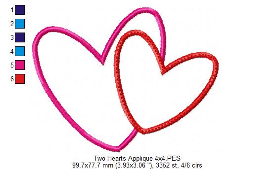 Two Valentines Hearts - Applique - Machine Embroidery Design