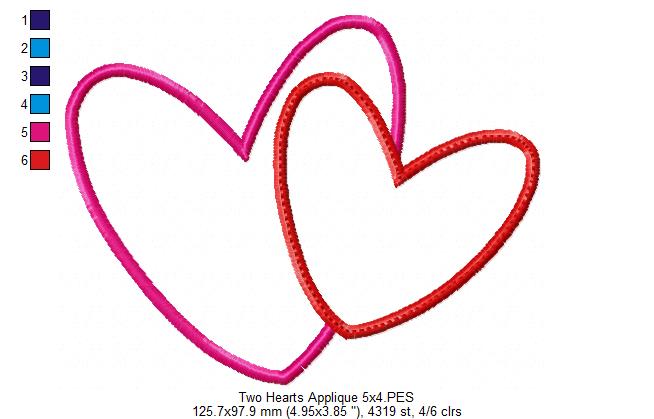 Two Valentines Hearts - Applique - Machine Embroidery Design