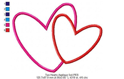 Two Valentines Hearts - Applique - Machine Embroidery Design
