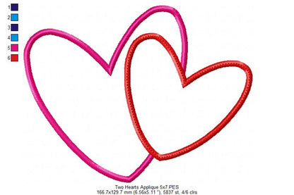 Two Valentines Hearts - Applique - Machine Embroidery Design