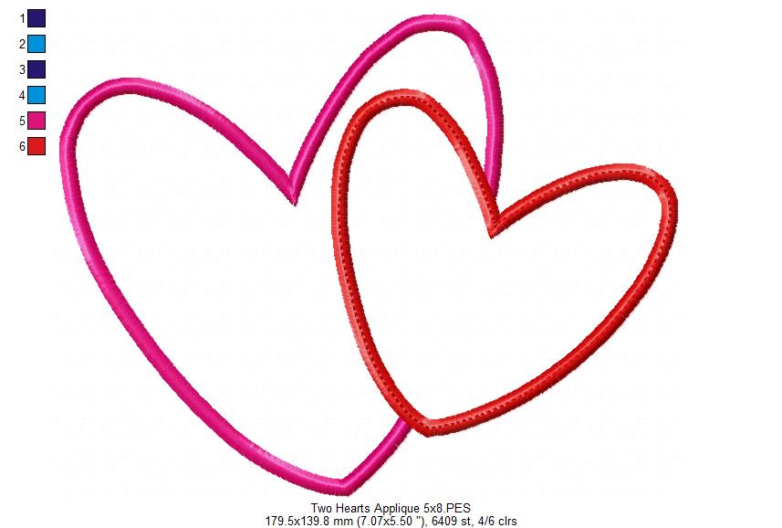 Two Valentines Hearts - Applique - Machine Embroidery Design