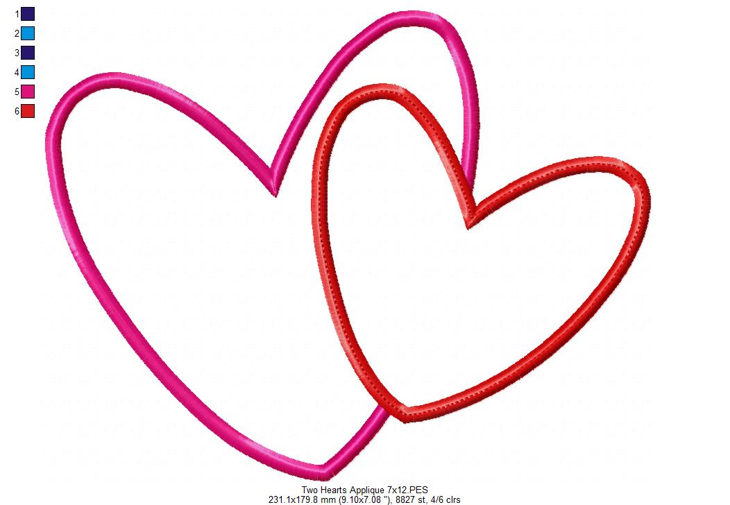 Two Valentines Hearts - Applique - Machine Embroidery Design