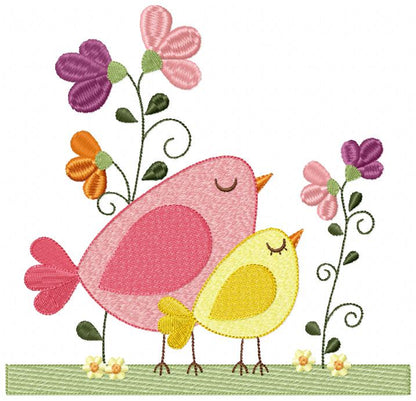 Two Little Birds and Flowers - Fill Stitch