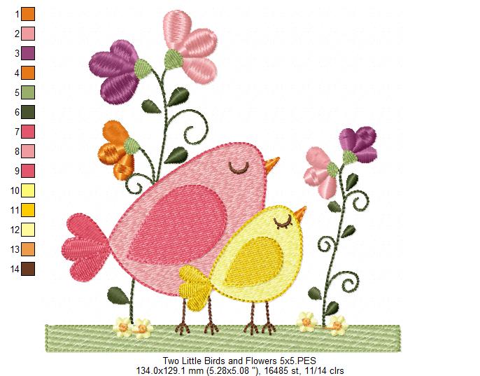 Two Little Birds and Flowers - Fill Stitch