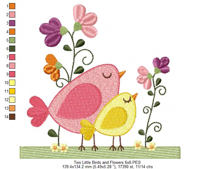 Two Little Birds and Flowers - Fill Stitch