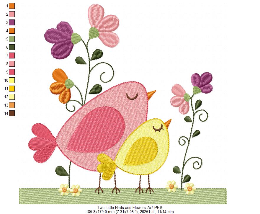 Two Little Birds and Flowers - Fill Stitch