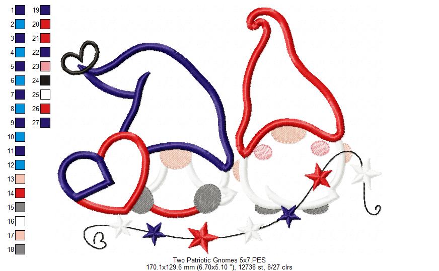 Two Patriotic Gnomes - Applique Embroidery