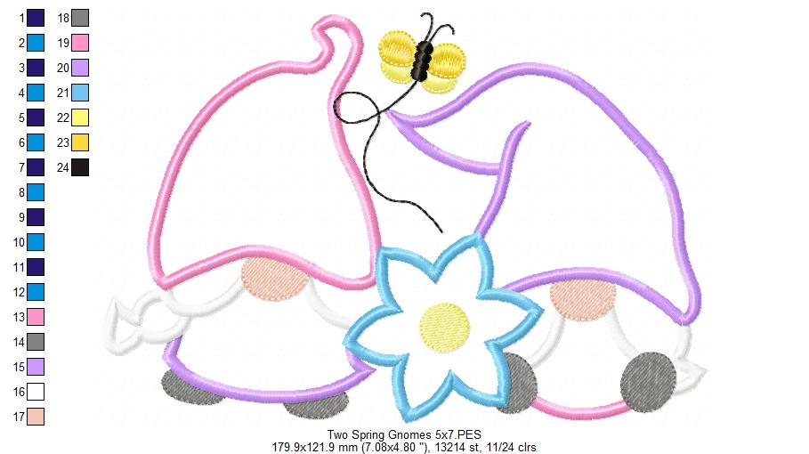 Two Spring Gnomes - Applique - Machine Embroidery Design