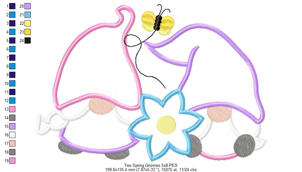 Two Spring Gnomes - Applique - Machine Embroidery Design