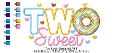 Two Sweet Donut 2nd Birthday - Applique - Machine Embroidery Design