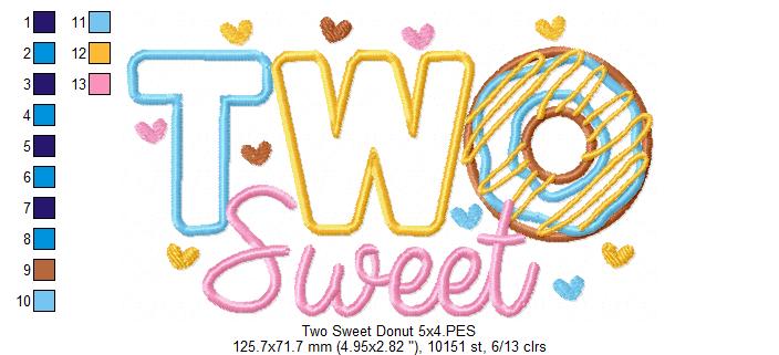 Two Sweet Donut 2nd Birthday - Applique - Machine Embroidery Design