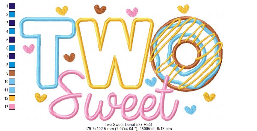 Two Sweet Donut 2nd Birthday - Applique - Machine Embroidery Design