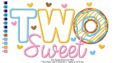 Two Sweet Donut 2nd Birthday - Applique - Machine Embroidery Design
