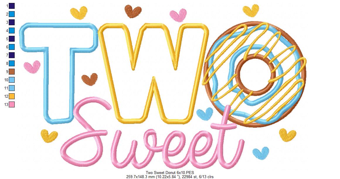 Two Sweet Donut 2nd Birthday - Applique - Machine Embroidery Design