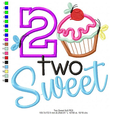 Birthday Cupcake Two Sweet - Applique – Machine Embroidery Design