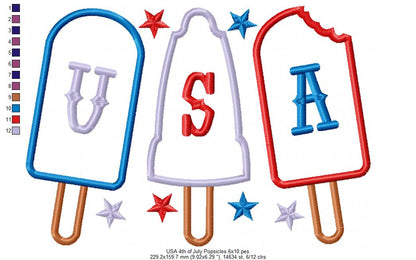 Summer 4th of July Popsicles - Applique Embroidery