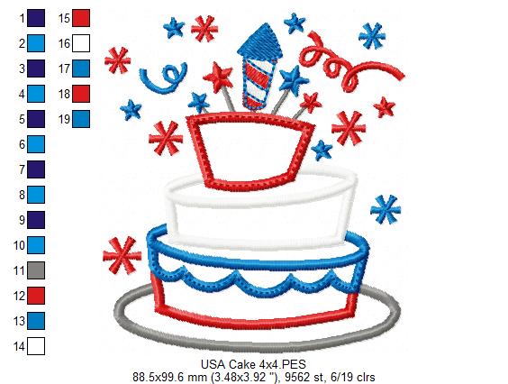 USA 4th of July Cake - Applique - Machine Embroidery Design
