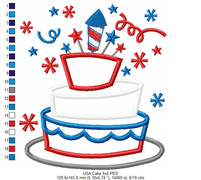 USA 4th of July Cake - Applique - Machine Embroidery Design