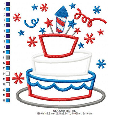 USA 4th of July Cake - Applique - Machine Embroidery Design