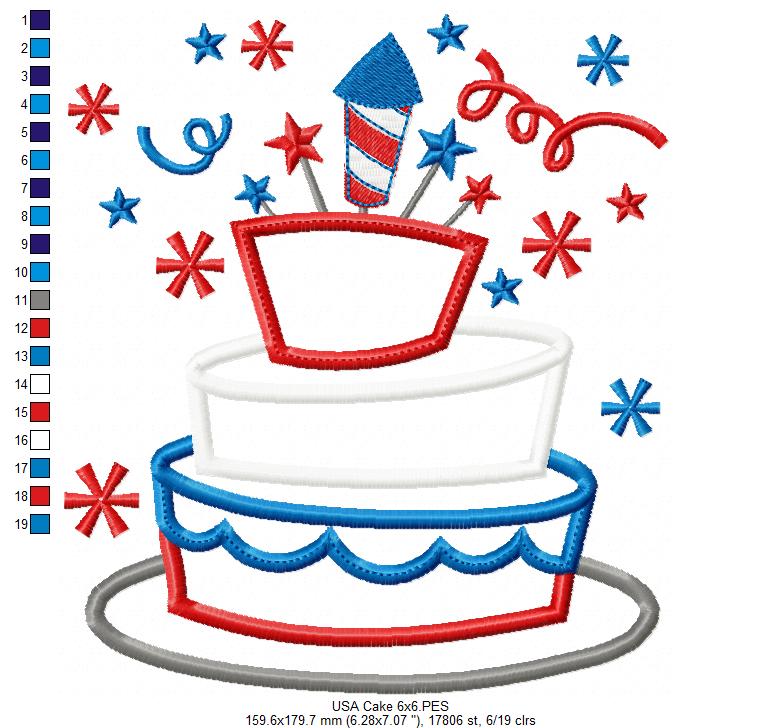 USA 4th of July Cake - Applique - Machine Embroidery Design