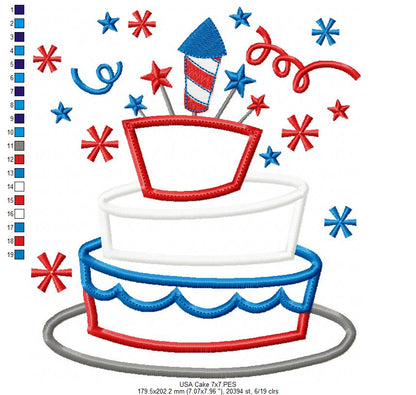 USA 4th of July Cake - Applique - Machine Embroidery Design