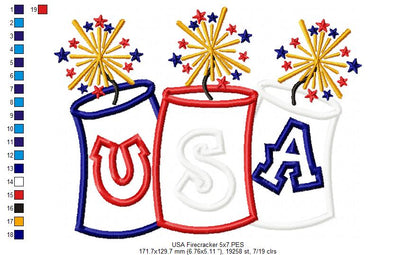 USA Firecracker Trio - Appliqué - Machine Embroidery Design