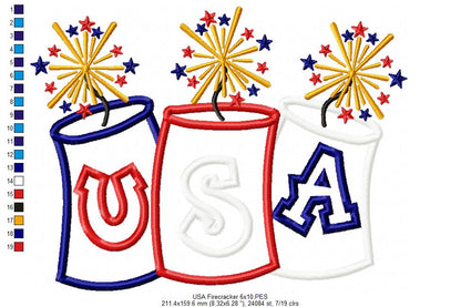 USA Firecracker Trio - Appliqué - Machine Embroidery Design