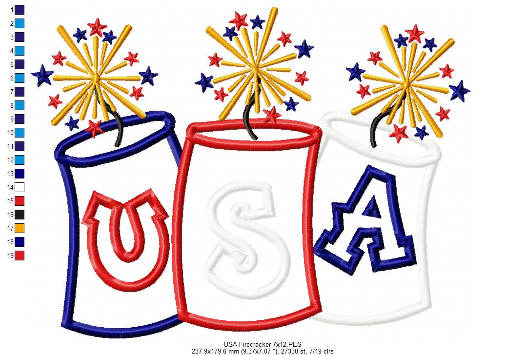 USA Firecracker Trio - Appliqué - Machine Embroidery Design