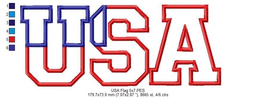 Classic USA Flag Letters – Appliqué - Machine Embroidery Design