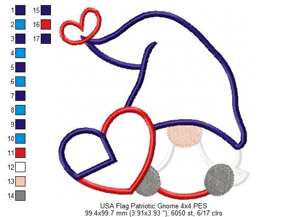 Patriotic USA Heart Flag Gnome - Applique