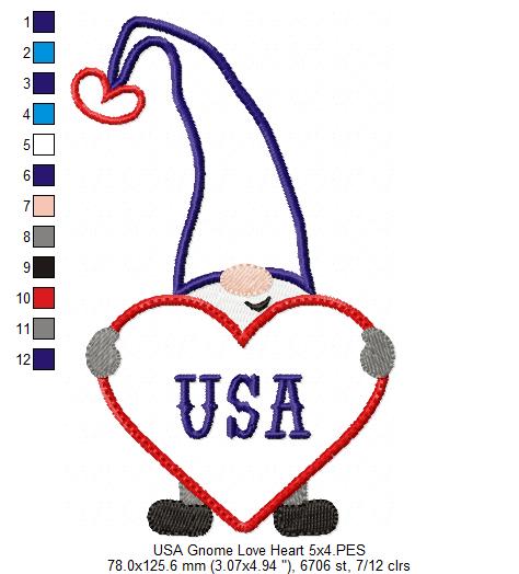 Patriotic USA Love Gnome - Applique