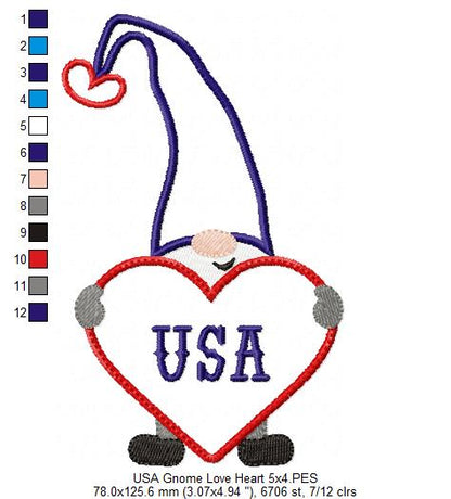 Patriotic USA Love Gnome - Applique