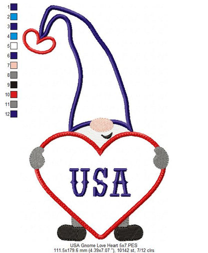 Patriotic USA Love Gnome - Applique